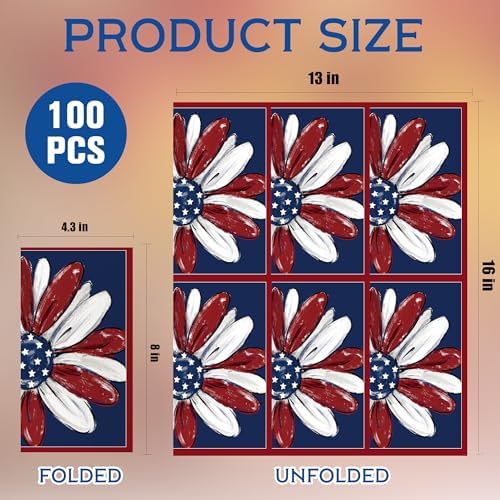 4th of July Disposable Paper Napkins, 100 Pcs Patriotic Flower Napkins for Bathroom Paper Towels for Guests, Red White Blue Napkins for Independence Day Memorial Day Patriotic Party Supplies