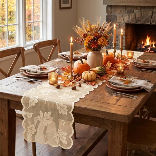 Artoid Mode Beige Lace Jacquard Maple Leaf Fall Table Runner, Seasonal Thanksgiving Orange Kitchen Dining Table Decoration for Home Party Decor 13x72 Inch