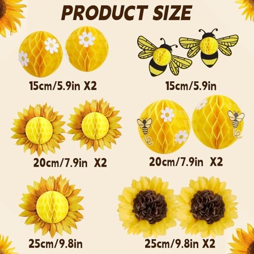 Paper Jazz Sunflower Party Honeycomb Decoration Bee Decorations with Yellow Paper Flower，Tissue Paper Sun Flower Hanging Birthday Decor for Classroom Wall Baby Shower Garden Party Bulletin Board