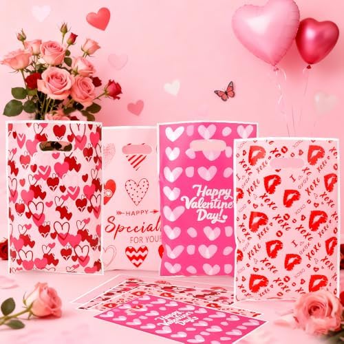 Valentines Treat Bags, 100PCS Valentines Gift Bags with Handles, 7x10 Inch Plastic Happy Valentine's Day Goodie Cookie Candy Bag for Valentine's Day Wedding Anniversary Engagement Party Favor Supplies
