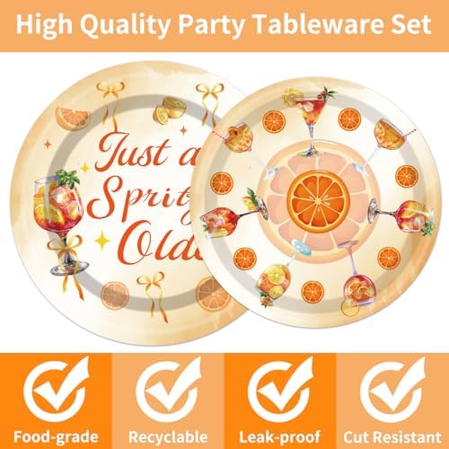 EUOYUFO 96Pcs Aperol Sprit Party Decorations Tableware Set Just A Spirity Older Paper Plates Napkins Forks Sprit Cocktail Birthday Bachelorette Bridal Shower Bar Theme Party Supplies Serve 24 Guests