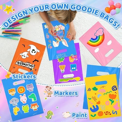 VieFantaisie 50 PCS Blue Party Favor Bags, 8" x 11" Goodie Bags for Candy Treat Craft Easter Egg, Plastic Gift Bag with Die Cut Handles for Birthday Party, School Events & Small Business, Wedding