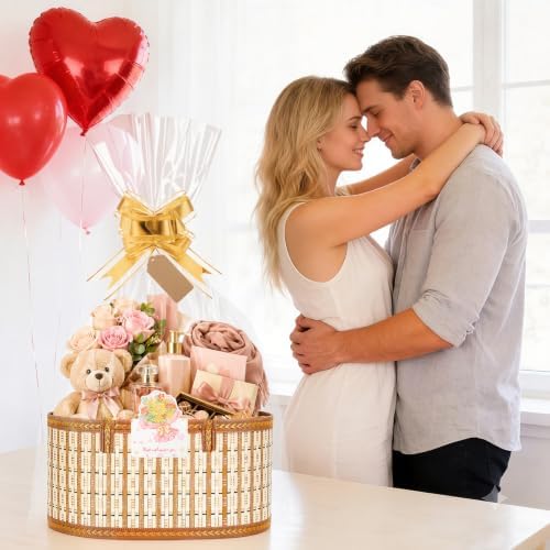 SelfTek 3 Pack Baskets for Gifts Empty, Woven Bamboo Gifts Basket Kit with Wrap Bags, Gift Card, Raffia and Pull Bows, Gifts Baskets for Birthday, Wedding, 35 x 20 x 15 cm - Gold