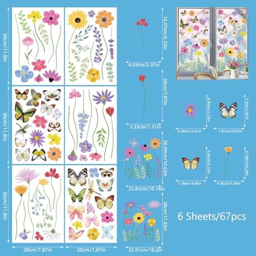 6 Sheets 67Pcs Summer Flower Butterfly Static Window Clings Reusable Double Sided Floral Window Decals for Glass Windows Doors Spring Home Decor for Kids Room Living Room Kitchen
