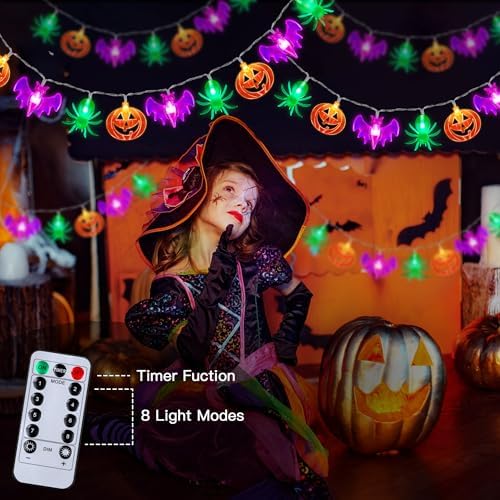 2 Pack Halloween Lights Outdoor Indoor Decorations Total 40FT 60 LED Pumpkin Bat Spider Halloween String Lights Battery Operated, 8 Modes Waterproof Cute Fairy Lights for Home Office Outside Decor