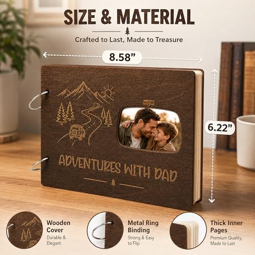 Adventure Scrapbook With Wooden Cover For Dad, Father’s Day Photo Album, Fathers Day Scrapbook, Personalized Fathers Day Book, Fathers Day Gift From Kids Son Daughter Wife