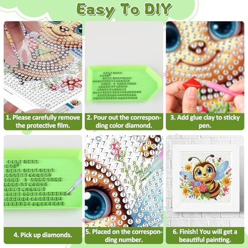 Bee Diamond Art Painting Kits for Kids with Frame, Animal Diamond Painting Kits for Kids Ages 4-8-12, Easy Gem Arts and Crafts Gift for Girls Boys Adult Beginners Home Wall Decor(7x7inch)