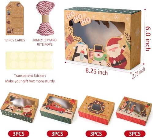 12Pcs Christmas Cookie Boxes with Window for Gift Giving, Kraft Bakery Gift Wrapping Boxes with Cards and Jute Rope, Holiday Treat Boxes for Cookies, Brownies, Donuts, Xmas Cookie Containers With Lids