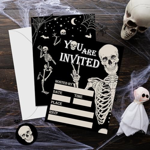 Whaline 25 Sets Halloween Invitations with Envelopes Stickers Black Dancing Skeleton Invitation Cards Blank Invites for Birthday Party Supplies, 5 x 7 Inch