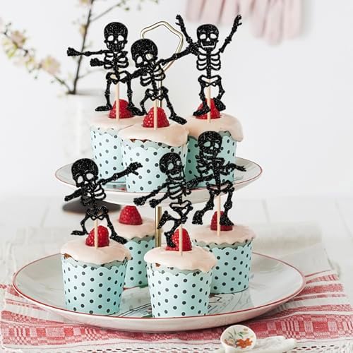 Rsstarxi 30 Pack Halloween Skull Cupcake Toppers Halloween Theme Party Decorations Skull Dance Cupcake Picks for Baby Shower & Birthday Party Cake Decorations Supplies Black