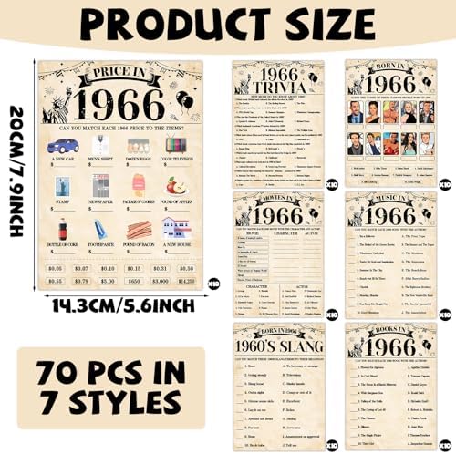 70Pcs 60th Birthday Party Games Born In 1966 Fun 1966 Trivia Music Slang Books Game Double-Sided Game Cards Vintage 60th Birthday Party Supplies for 60 Year Old Activity Anniversary Class Reunion