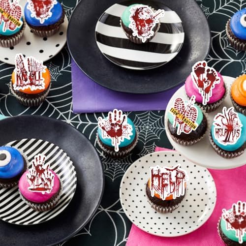 64 PCS Edible Halloween Cupcake Toppers Wafer Paper Horror Blood Skull Zombie Hand Bat Cupcake Picks Edible Have a Killer Birthday Cake Decorations for Halloween Theme Killer Birthday Party Supplies