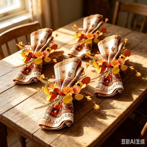 12 Pcs Fall Thanksgiving Napkin Rings Artificial Orange Yellow Flower Leaf Berry Fern Foliage Wreath Napkin Ring Holder Buckles for Autumn Harvest Wedding Birthday Family Dinner Party Table Supplies