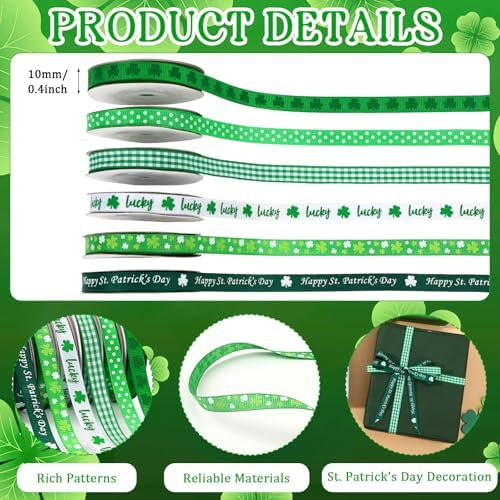 DECYOOL St Patricks Day Ribbon 3/8" Wide 60 Yards Shamrock Grosgrain Ribbon