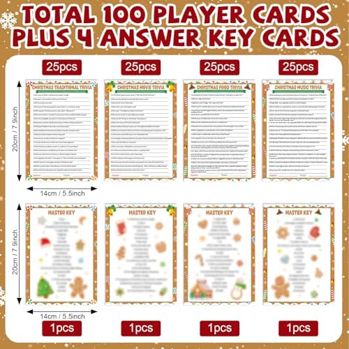 104Pcs Christmas Party Trivia Game Cards Xmas Festival Guessing Activity Christmas Question and Answer Cards for Adults Family Friends Coworkers Groups Winter Holiday Party Supplies (Gingerbread)
