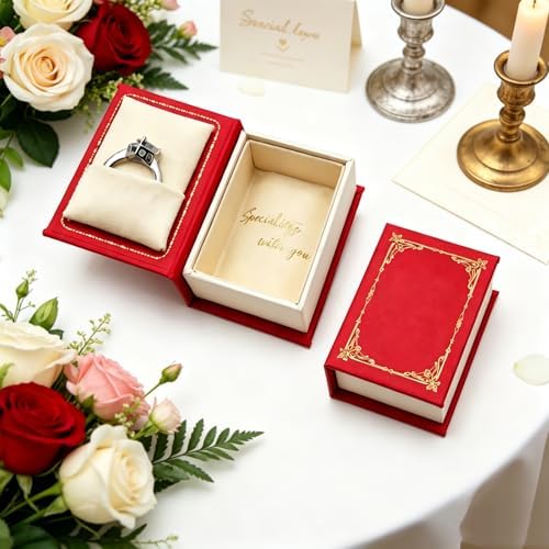 Book Shaped Ring Box - Vintage Engagement Ring Box with Hinged Lid for Proposal Engagement Wedding, Proposal Ring Case-PRB012-Red