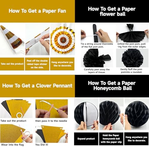 24 Pcs Black and Gold Party Decorations, Paper Fans Pom Poms Garland Decor