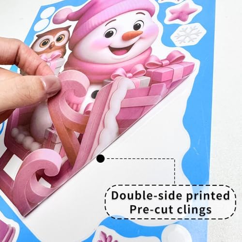 Christmas Window Clings Stickers for Glass Snowman Santa Deer Christmas Tree Stickers Pink Double-Sided Static Decals for Winter Window Art Decoration