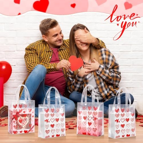 Pajean 25 Pcs Red Heart Plastic Gift Bags with Handles, 5.9 x 8.7 x 3.1 Inch Heart Design PE Treat Bags, Red and Pink Candy Goodie Pouches for Classroom Exchange, Party Favor, Wedding Supplies