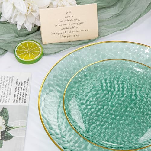 Rubtlamp 700Pcs Green Plastic Plates,Green Gold Plastic Dinnerware Set, Hammered Clear Green Plates with Gold Rim Include 100Dinner Platos,100Cake Platos,100Cups,100Pre Rolled Silverware