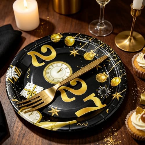 96 Pieces Happy New Year Tableware Set – Black and Gold 2027 Disposable Plates, Napkins, and Forks with Fireworks and Champagne Designs for New Year’s Eve Dinners and Celebrations – Serves 24