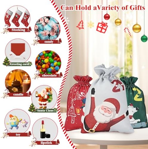 24 Pieces Christmas Burlap Gift Bags with Drawstrings Xmas goodie Bags Bulk for Winter Holiday Party Favor (Christmas Burlap Treat Bags 2025)