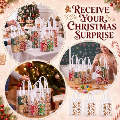 Pajean 25 Pcs Christmas Plastic Gift Bags with Handles, Gingerbread Pouches