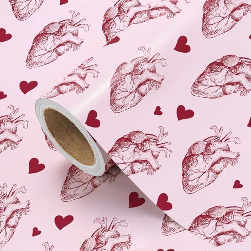 WRAPAHOLIC Gothic Valentines Day Wrapping Paper Roll - Mini Roll - 17 Inch x 16.5 Feet - Gothic Anantomy Heart Wrapping Paper for Valentine's Day, Anniversary, Birthday