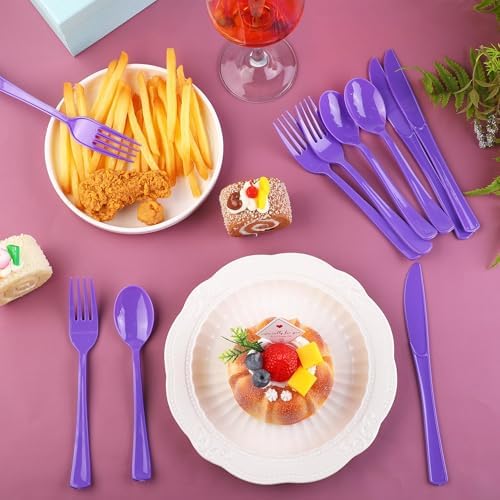 Kochorie 300 Pieces Purple Plastic Silverware, Disposable Plastic Utensils, Heavy Duty Cutlery Set Heavyweight Flatware Includes Spoons Forks Knives for Birthday Party Prom Night Wedding Dinner