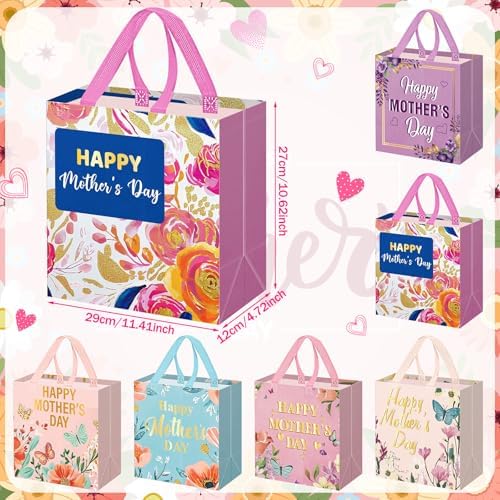 Wesnoy 48 Pcs Happy Mother's Day Tote Gift Bags with Handles Bulk Floral Non Woven Mom Candy Bags Reusable for Gift Wrapping Happy Mother's Day Goody Shopping Party Favor, 11.4 x 10.6 x 4.7 Inch
