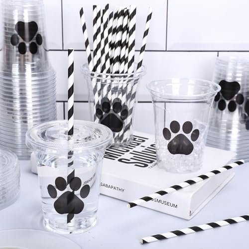 Whaline 50Pcs Paw Print Disposable Plastic Cups with Lids and Straws 12oz Dog Party Cups Black Cold Beverage Drinking Cups for Puppy Birthday Baby Shower Party Supplies