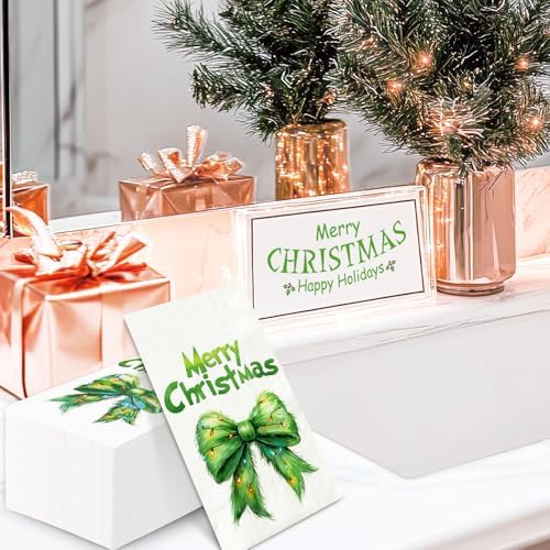 JarThenaAMCS 100 Pcs Christmas Guest Napkins Green Bow Disposable Paper Napkin Dinner Hand Napkins for Xmas Kitchen Home Bathroom Party Supplies Table Decor