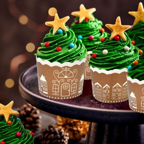 100 Pcs Christmas Paper Baking Cups Gingerbread House Design Disposable