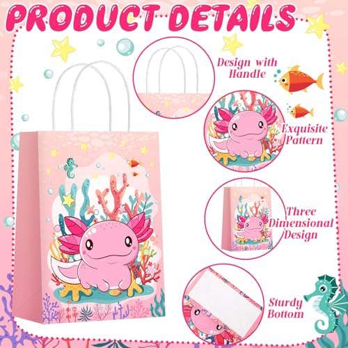 Kolldenn 24 Pcs Axolotl Party Bags with Handles, Axolotl Gift Paper Bag