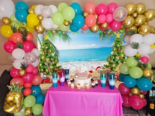 8x6ft July Christmas Backdrop Summer Beach Christmas Tree Photography Background Xmas Party Banner Tropical Hawaiian Holiday Decorations Supplies Photo Props