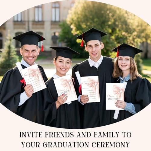 Pink Bow Graduation Invitations 2026 with Envelopes - 20 Pack Class of 2026 Graduation Party Invitations, 4x6 Inch Fill-in Graduation Announcements for High School or College - A08