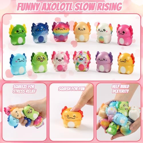 24 PCS Valentines Day Gift Cards with Axolotl Squishy Toys,Valentine's Axolotl Slow Rising Stress Relief Squishies Fidget Toys Bulk for Adults,Valentine's Party Favor