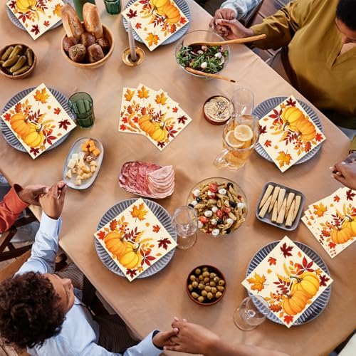 50 Pcs Fall Pumpkin Leaves Paper Napkins Set, 13x13 Inches Unfolded – Disposable Autumn Harvest Cocktail Napkins for Thanksgiving, Friendsgiving, and Fall Party Table Decorations