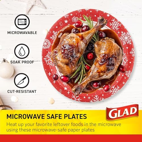 Glad Disposable Paper Plates, Holiday Red Snowflake, 10 Inch, 20 Count