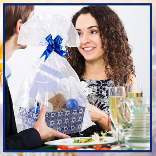 Moinchore 12 Pcs Rosh Hashana Basket for Gifts Blue Empty 9.8x6.5'' Star of David Market Tray Cardboard Basket with Bows, Cellophane Bags, Empty to Fill for Holiday Hanukkah Birthday Wedding Party