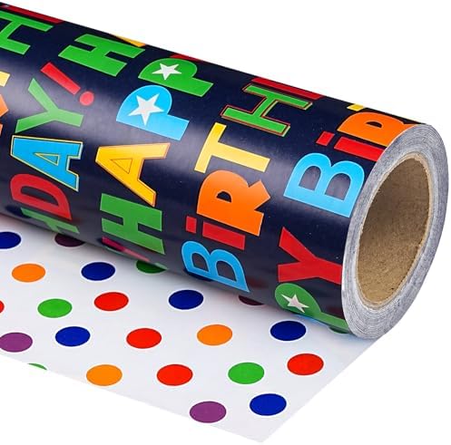 WRAPAHOLIC Reversible Birthday Wrapping Paper Roll - Mini Roll - 17 Inch x 10 Feet - Colorful Happy Birthday Wrapping Paper with Polka Dots Design for Boys Girls Kids, Baby Shower, Holiday, Party