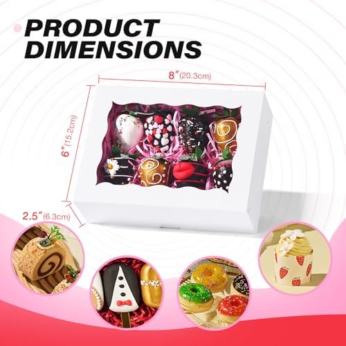 50PCS 8x6x2.5 Inch White Bakery Boxes with Window, Pastry Box for Chocolate Strawberries, Macarons, Truffles, Perfect for Valentine's Day, Mother's Day, Christmas Party Favors & Holiday