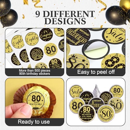 Tenare 504 Pcs 80th Birthday Stickers Black and Gold Party Favor Label Stickers Mini Chocolate Candy Wrappers for Anniversary Birthday Party Decoration