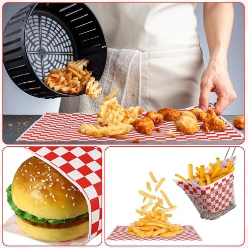 Geosar 200 Pcs Gingham Paper Food Tray with Wax Paper,Red White