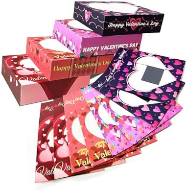 qiqee Auto-pop Up Valentine 12pcs Pie Boxes 10x10x2.5 inches Easy Assemble Macaroon Cookie Bakery Boxes with Window for Valentine's Day