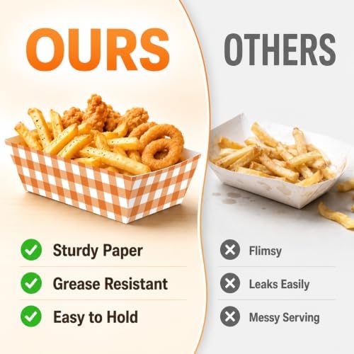 100 Pcs Orange Checkered Paper Food Trays, Pre-Folded Disposable Snack Boats for Popcorn, Candy, Fries, Nachos, Snacks, Movie Night Party Supplies, Cinema Themed Serving Trays