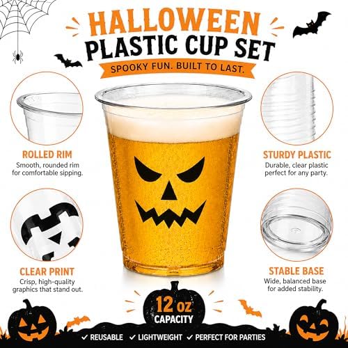 Halloween Plastic Cups,100 Pcs 12 oz Disposable Pumpkin Cups, 4 Designs
