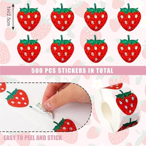 500Pcs Holographic Strawberry Stickers for Kids 1in Laser Waterproof Sticker Roll Red Strawberry Self-Adhesive Sticker Rolls for Bottle Scrapbook Journal Envelope Decorations