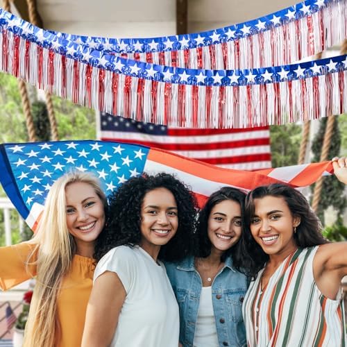Mega-L 4th of July Decorations 4 Pack 80 Feet Foil Fringe Garland Tinsel Streamers, Red White and Blue Star Metallic Hanging Backdrop Banner Table Skirts for Parade Floats Memorial Day Patriotic Party