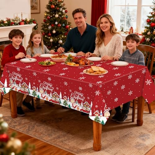 3-Piece 54 x 108 Inch Christmas Plastic Tablecloth – Red Disposable Table Covers with Merry Christmas Lettering, Snowy Houses, Santa, Snowmen, and Xmas Trees for Holiday Winter Parties